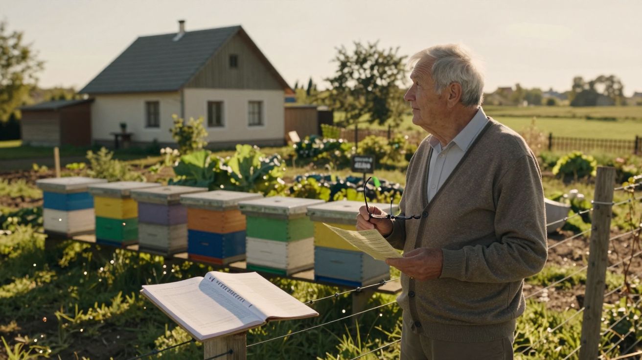 Starszy mężczyzna z dokumentami stoi obok kolorowych uli na tle domu i zielonego pola.