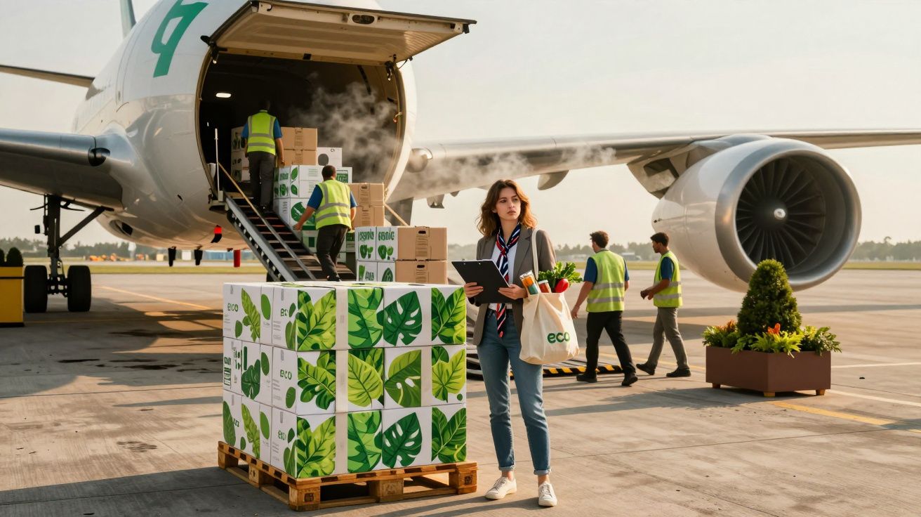 Pracownicy ładują ekologiczne paczki do samolotu na lotnisku, kobieta z tabletem i torbą eco.
