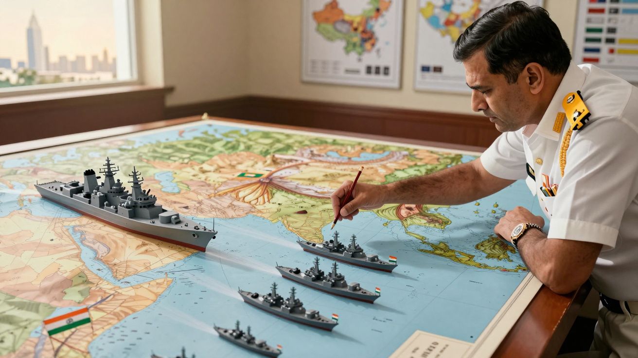 Oficer marynarki wojennej planuje manewry na mapie z modelami okrętów wojennych.