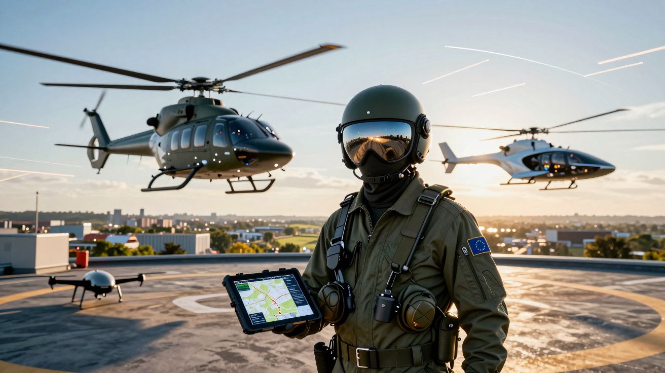 Żołnierz w kombinezonie pilotuje na dachu, z dwoma helikopterami i dronem w tle o zachodzie słońca.