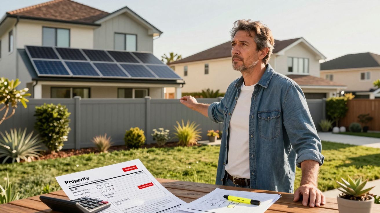 Mężczyzna stoi przy stole w ogrodzie z dokumentami, kalkulatorem i domem z panelami słonecznymi w tle.