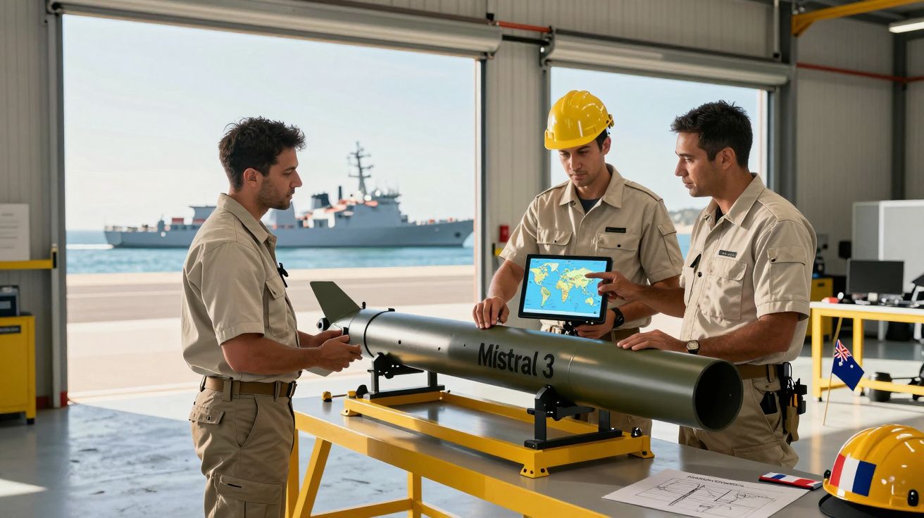 Trzech mężczyzn w mundurach i kasku nad torpedą Mistral 3 w hangarze portowym z widokiem na statek.