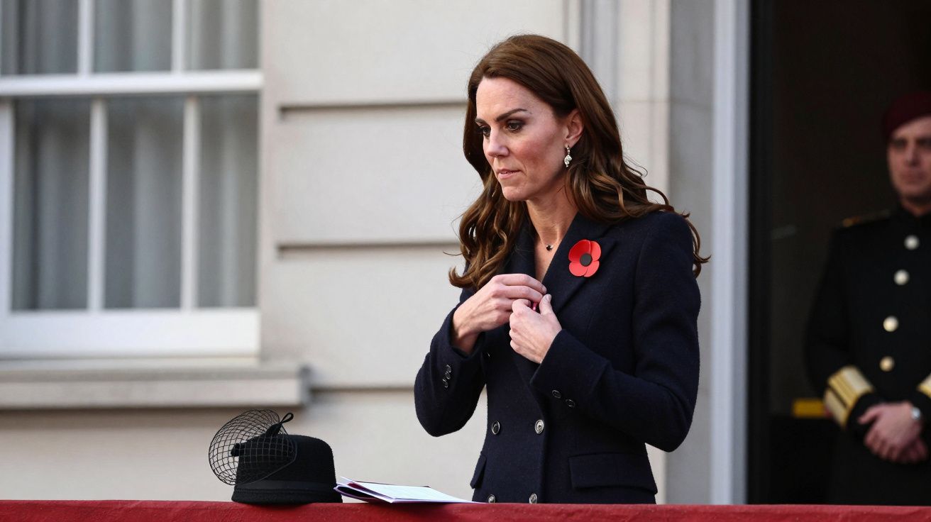 Kobieta w eleganckim płaszczu z przypiętym czerwonym kwiatem stoi na tle budynku, regulując guziki.