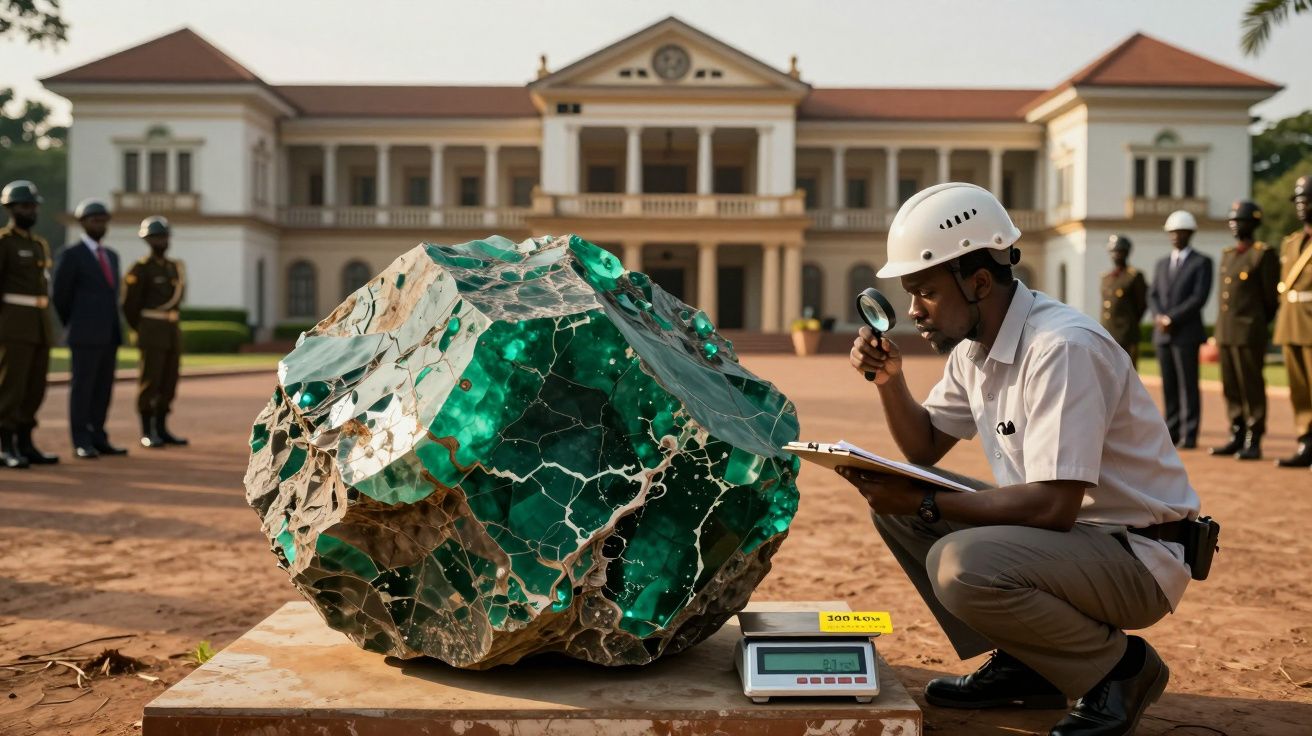 Mężczyzna w kasku bada dużą zieloną skałę za pomocą lupy przed oficjalnym budynkiem z innymi obserwatorami.