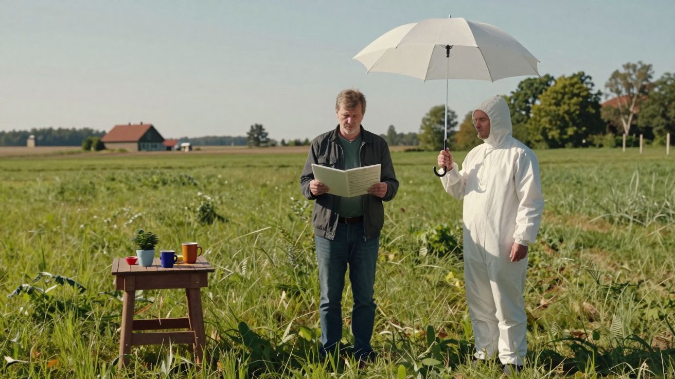 Dwaj mężczyźni na polu; jeden trzyma parasol, drugi czyta gazetę, obok stoi stoliczek z kubkami i rośliną.