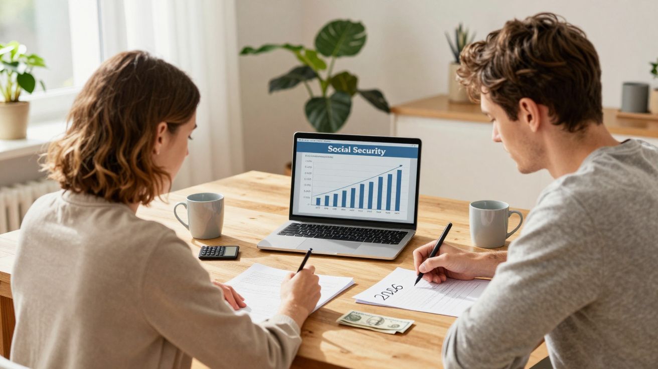 Para analizująca wykres bezpieczeństwa społecznego na laptopie podczas pracy nad dokumentami przy stole.