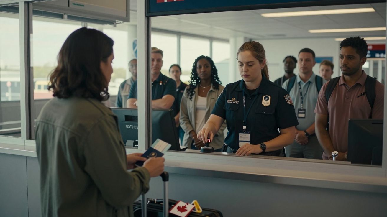 Funkcjonariuszka kontroli granicznej sprawdza dokumenty kobiety z paszportem i walizką przy stanowisku w porcie lotniczym.