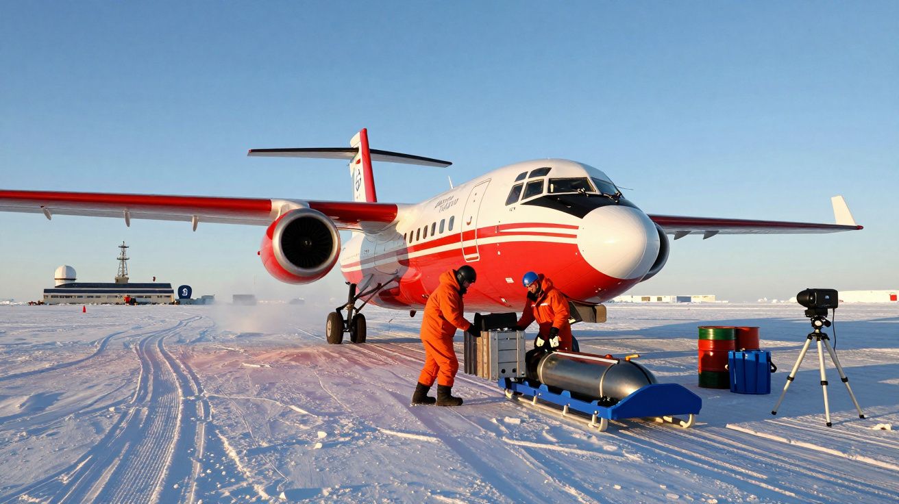 Samolot badawczy na śniegu z dwiema osobami ładującymi sprzęt w zimowych warunkach.