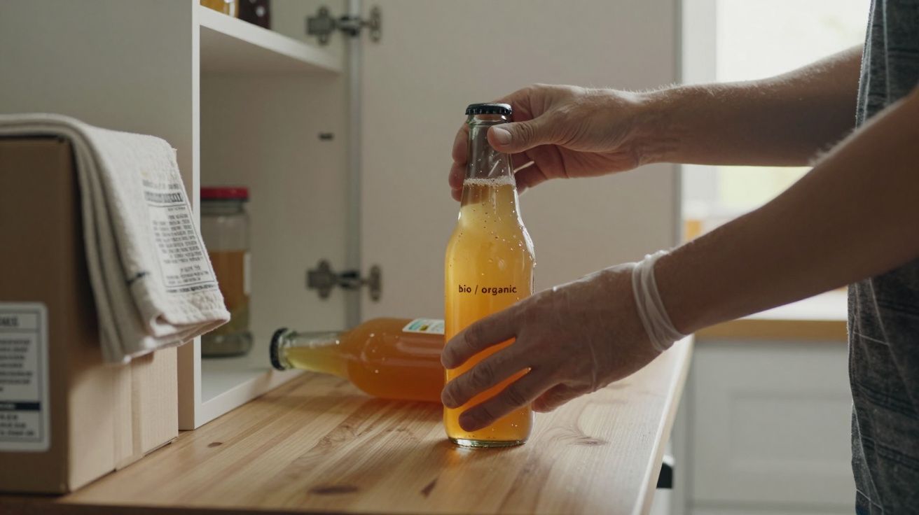 Osoba trzymająca butelkę organicznego napoju na drewnianym blacie obok otwartej szafki kuchennej.
