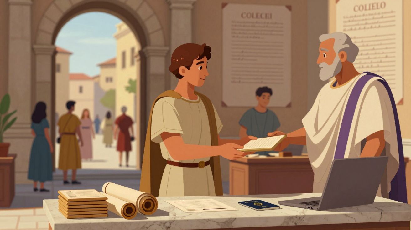 Dwaj mężczyźni w starożytnych strojach wymieniają dokumenty przy marmurowym stole w rzymskim budynku.