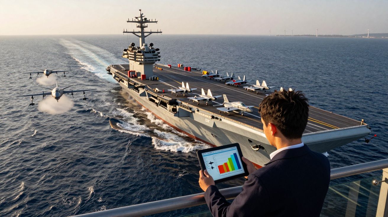 Mężczyzna z tabletem nad pokładem lotniskowca startują samoloty wojskowe nad morzem.
