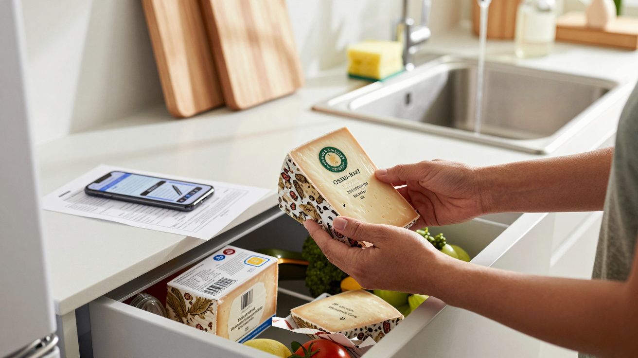 Osoba wyciąga ser z lodówki kuchennej, na blacie leży dokument i telefon komórkowy.