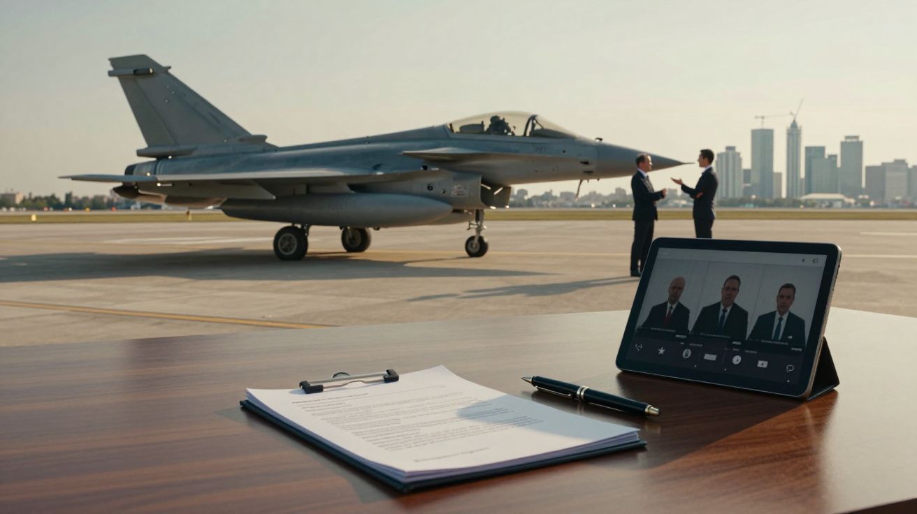 Myśliwiec wojskowy na pasie startowym, mężczyźni rozmawiający oraz dokumenty i tablet na stole.
