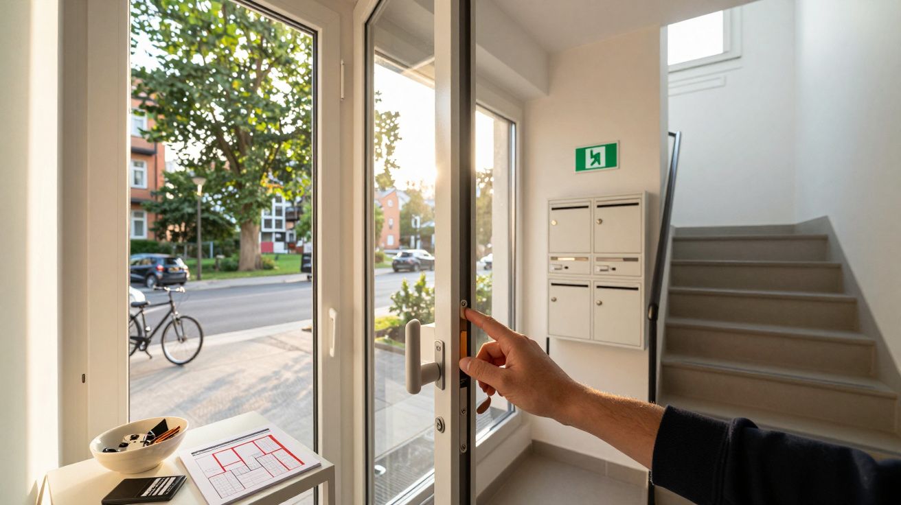 Ręka otwierająca szklaną drzwi wejściowe do jasnego korytarza z skrzynkami na listy i schodami.