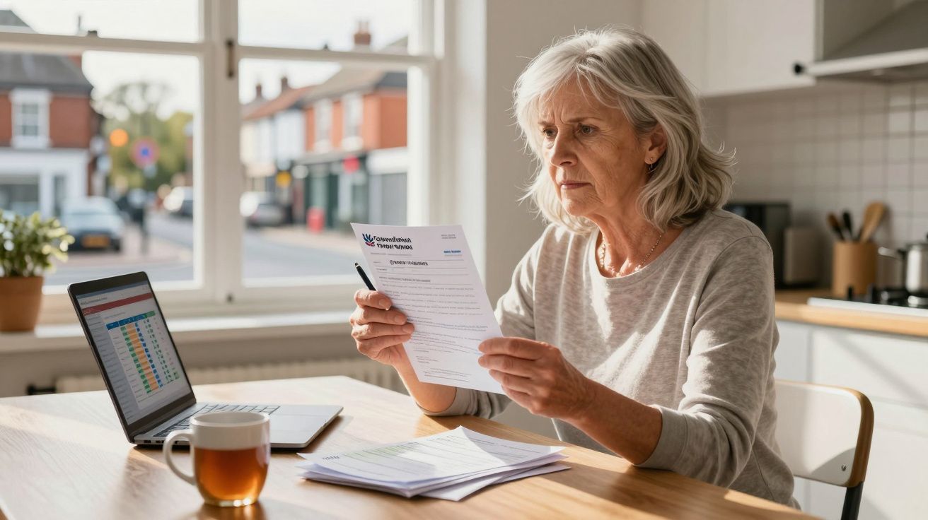 Starsza kobieta siedzi przy stole, czytając dokumenty w jasnej kuchni z laptopem i herbatą.