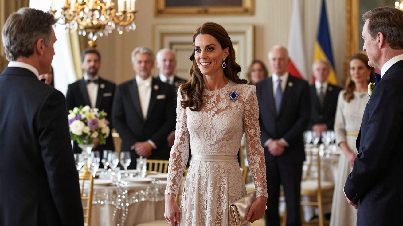 Kobieta w koronkowej białej sukience rozmawia podczas eleganckiego bankietu w luksusowej sali.