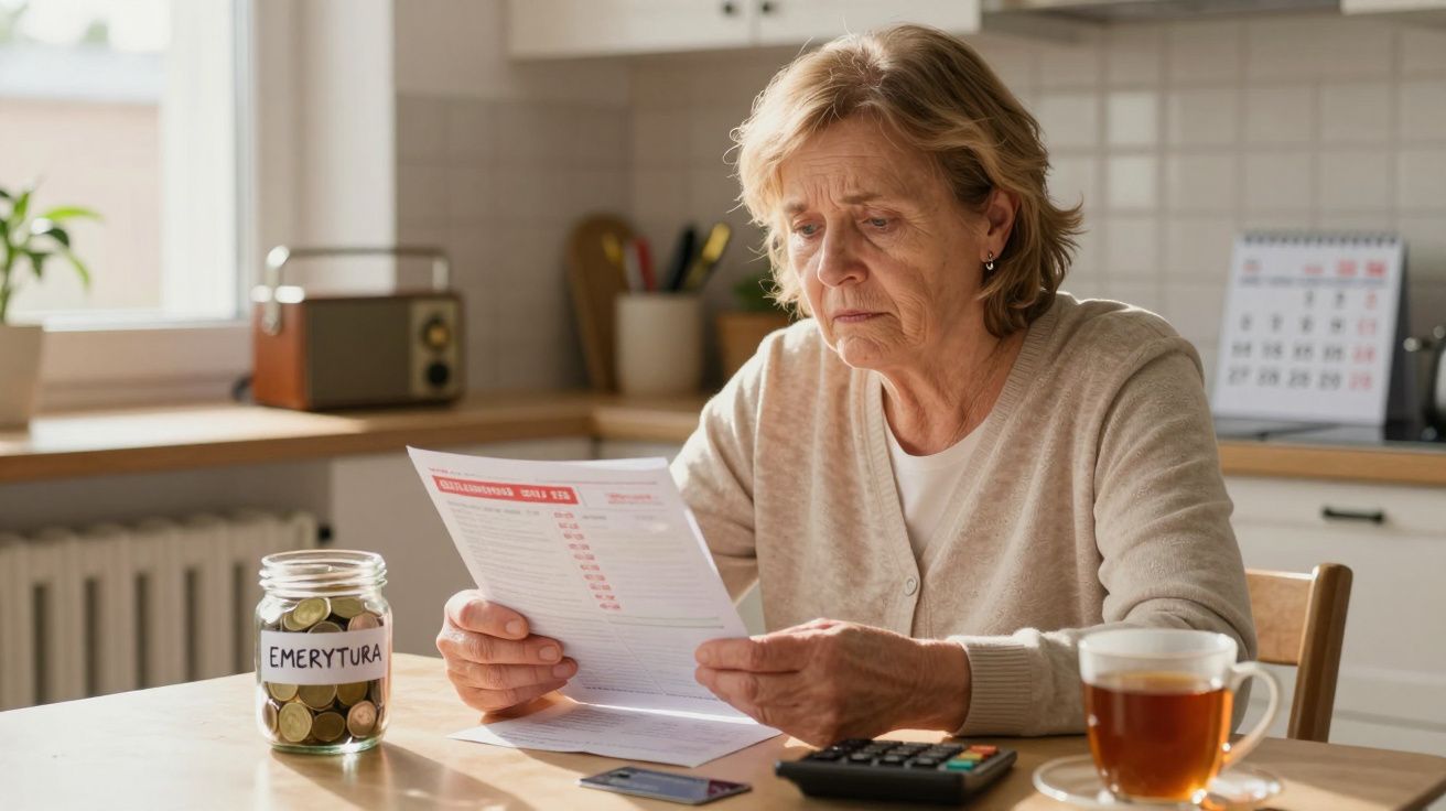 Starsza kobieta czyta dokument finansowy przy stole, obok słoik z monetami podpisany "emerytura".