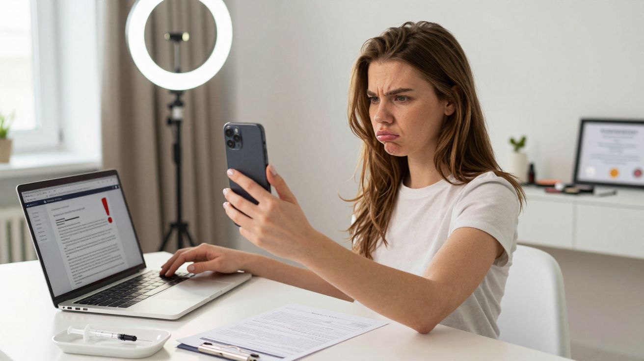 Zaniepokojona kobieta patrzy na telefon siedząc przy biurku z laptopem i dokumentami.