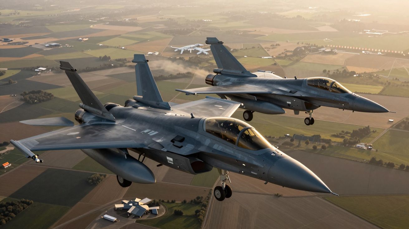 Dwa myśliwce wojskowe latające nisko nad polami i farmami o zachodzie słońca.