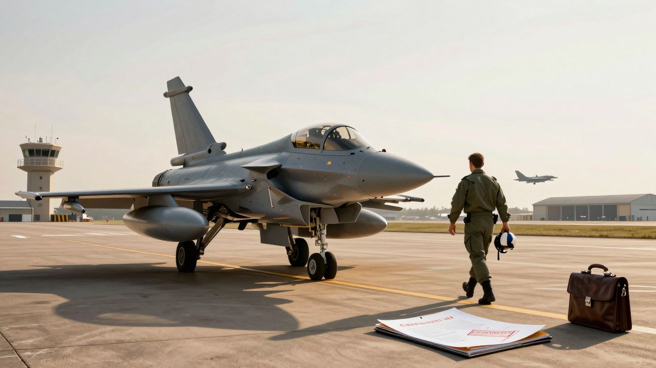 Myśliwiec wojskowy na pasie startowym, obok idzie pilot w kombinezonie, w tle wieża kontroli lotów i drugi samolot.