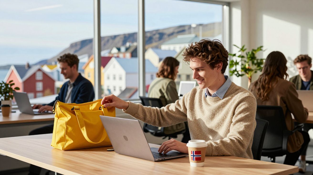 Młody mężczyzna pracujący na laptopie przy stole z żółtą torbą i kubkiem kawy w jasnym biurze z widokiem na domy.