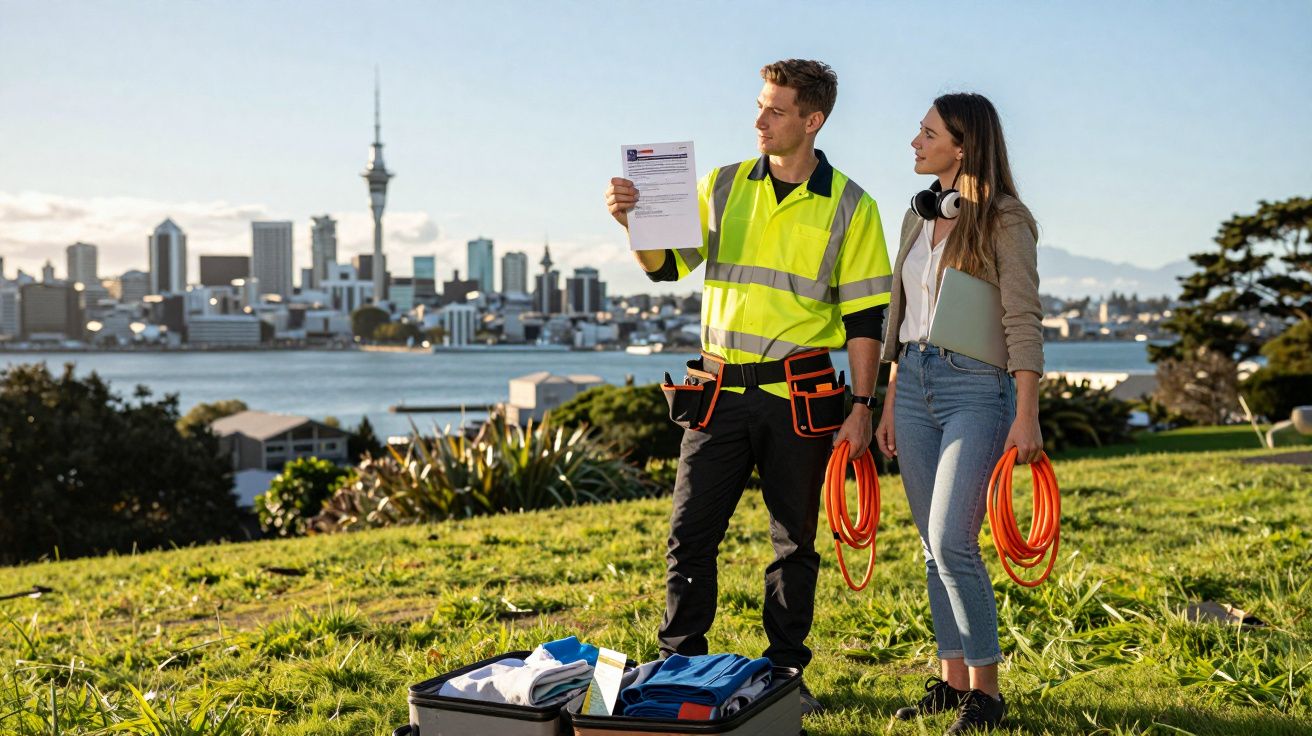 Mężczyzna w kamizelce ostrzegawczej pokazuje dokument kobiecie na tle miasta i portu, oboje trzymają kable.