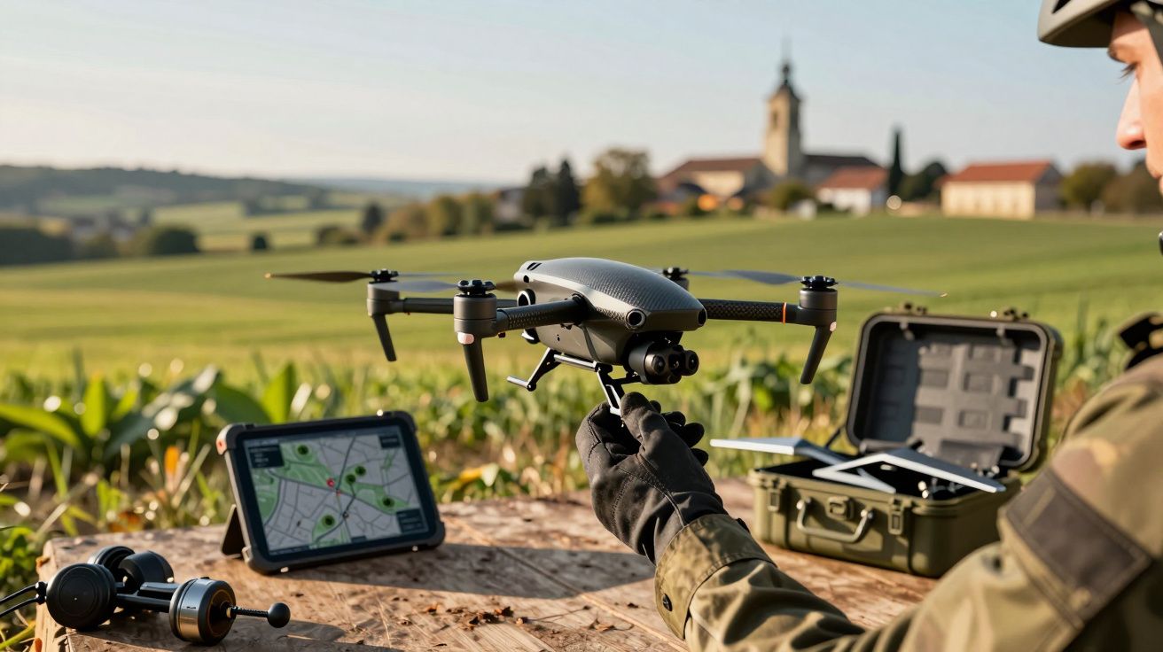 Osoba trzyma w rękach drona na tle zielonego pola i wsi, obok tablet z mapą i sprzęt do sterowania.