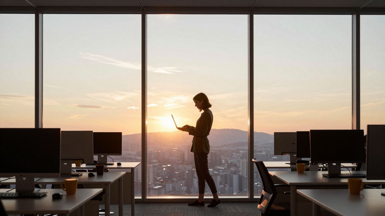 Kobieta na tle okna z widokiem na miasto przy zachodzie słońca trzyma laptopa w nowoczesnym biurze.