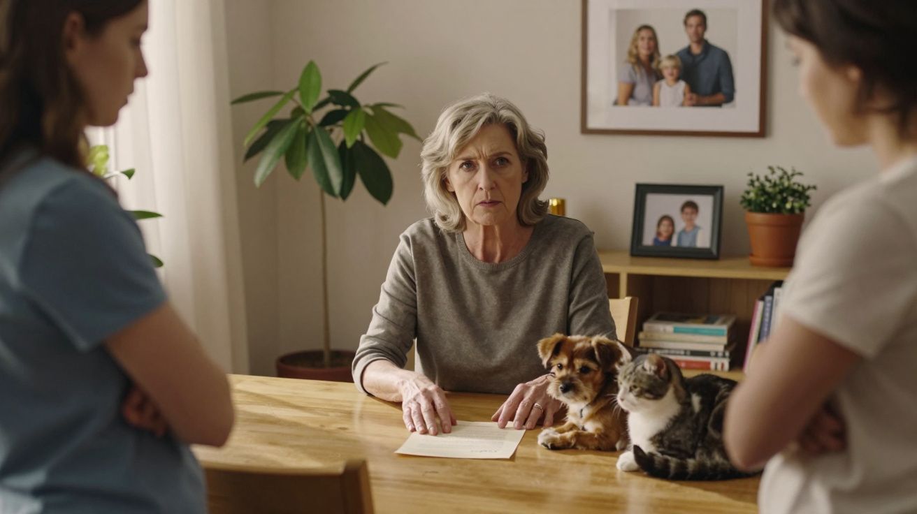 Starsza kobieta siedzi przy stole z psem i kotem, rozmawiając z dwiema stojącymi młodymi kobietami.