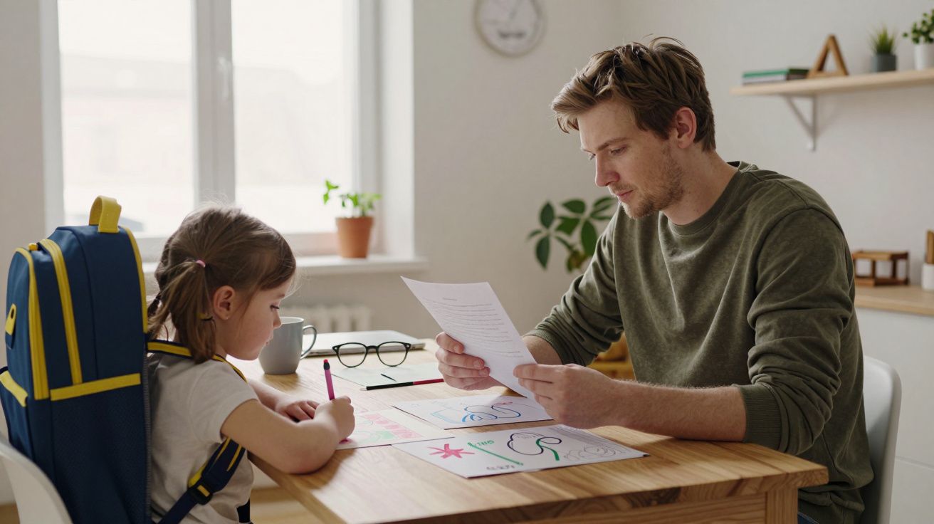 Mężczyzna pomaga dziewczynce w nauce przy stole, obok stoi plecak szkolny, w pokoju jasne światło.