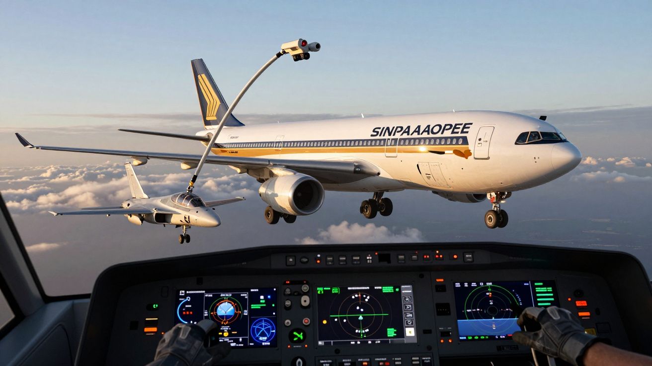 Widok z kokpitu samolotu na dwa lecące równolegle samoloty pasażerskie nad chmurami o zachodzie słońca.