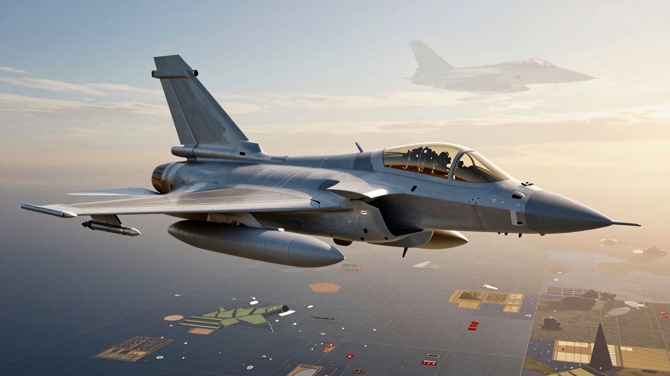 Dwa nowoczesne wojskowe samoloty bojowe latające nad krajobrazem miasta o zachodzie słońca.