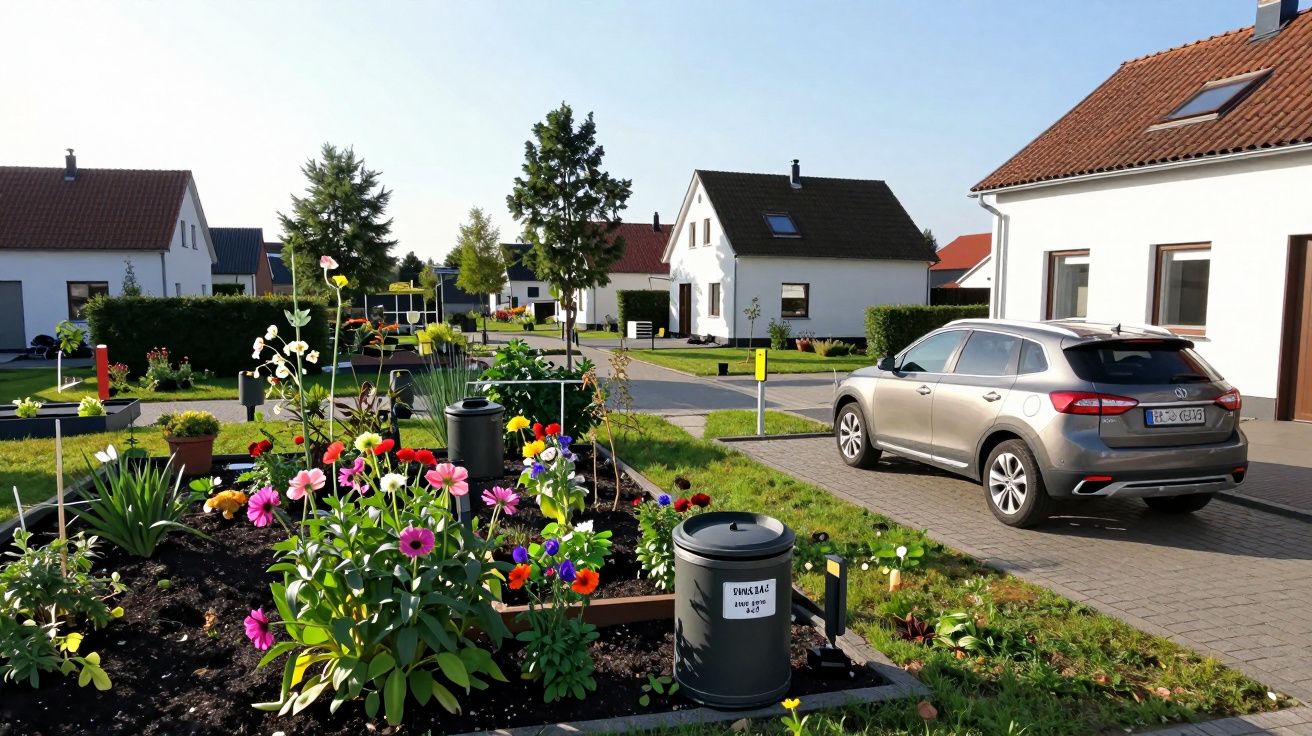 Przedmiejska ulica z nowoczesnymi domami, kwiatowym ogrodem i zaparkowanym srebrnym samochodem.