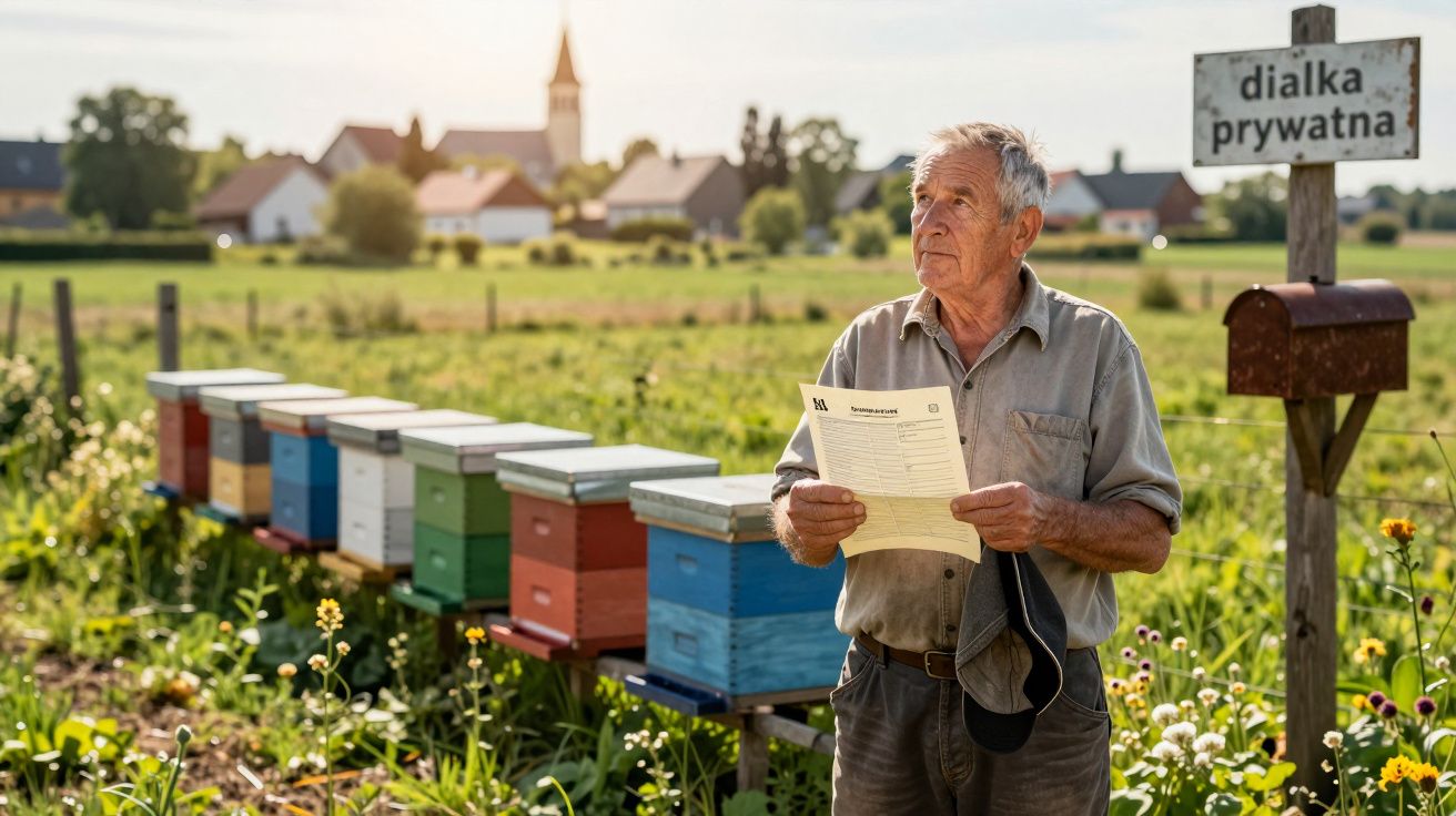 Starszy mężczyzna stoi przy ulach na łące, trzyma dokument, w tle wiejskie domy i znak działka prywatna.