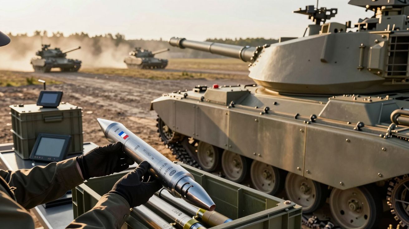 Żołnierz przygotowujący pocisk obok czołgu na polu z innymi czołgami w tle podczas zachodu słońca.