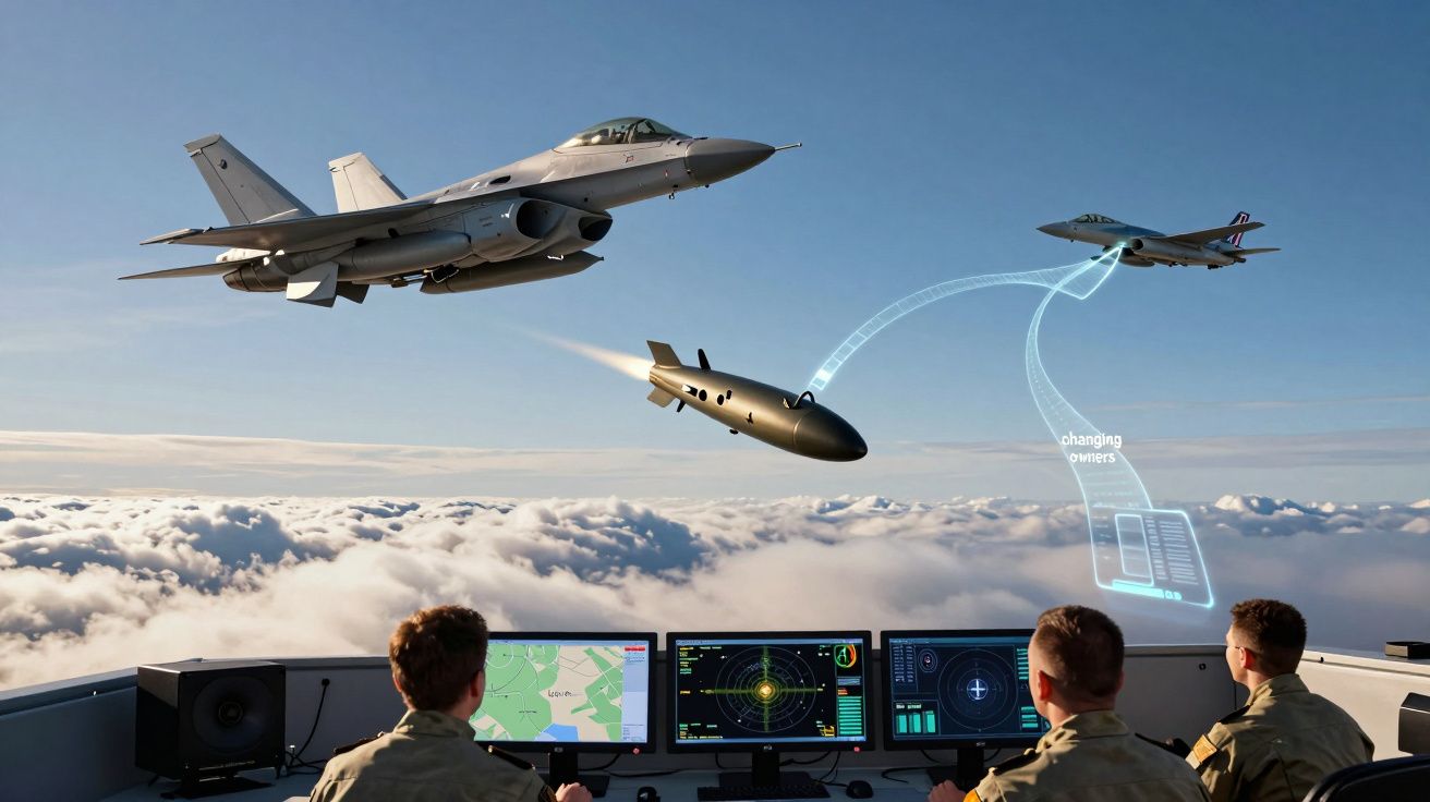 Trzech kontrolerów lotu monitoruje elektronikę, dwa myśliwce i pocisk w locie nad chmurami.