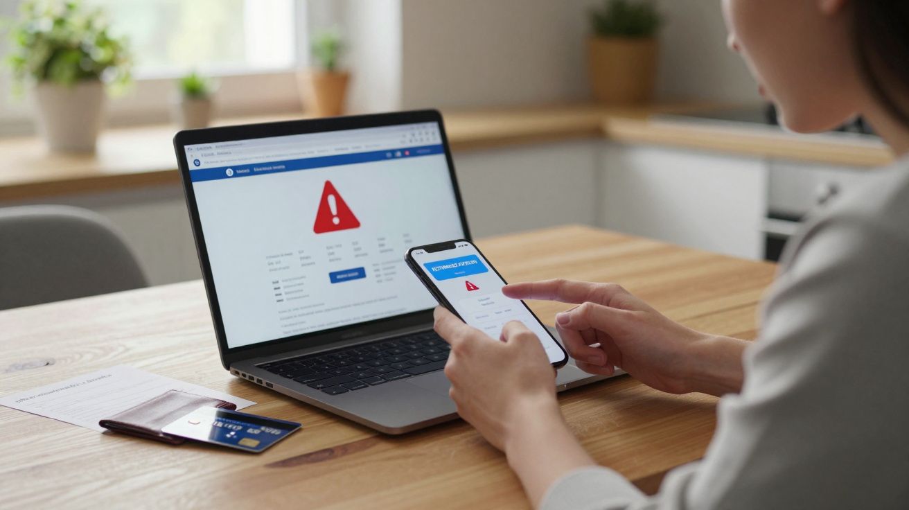 Osoba przeglądająca na laptopie i telefonie strony z ostrzeżeniem o zagrożeniu online.