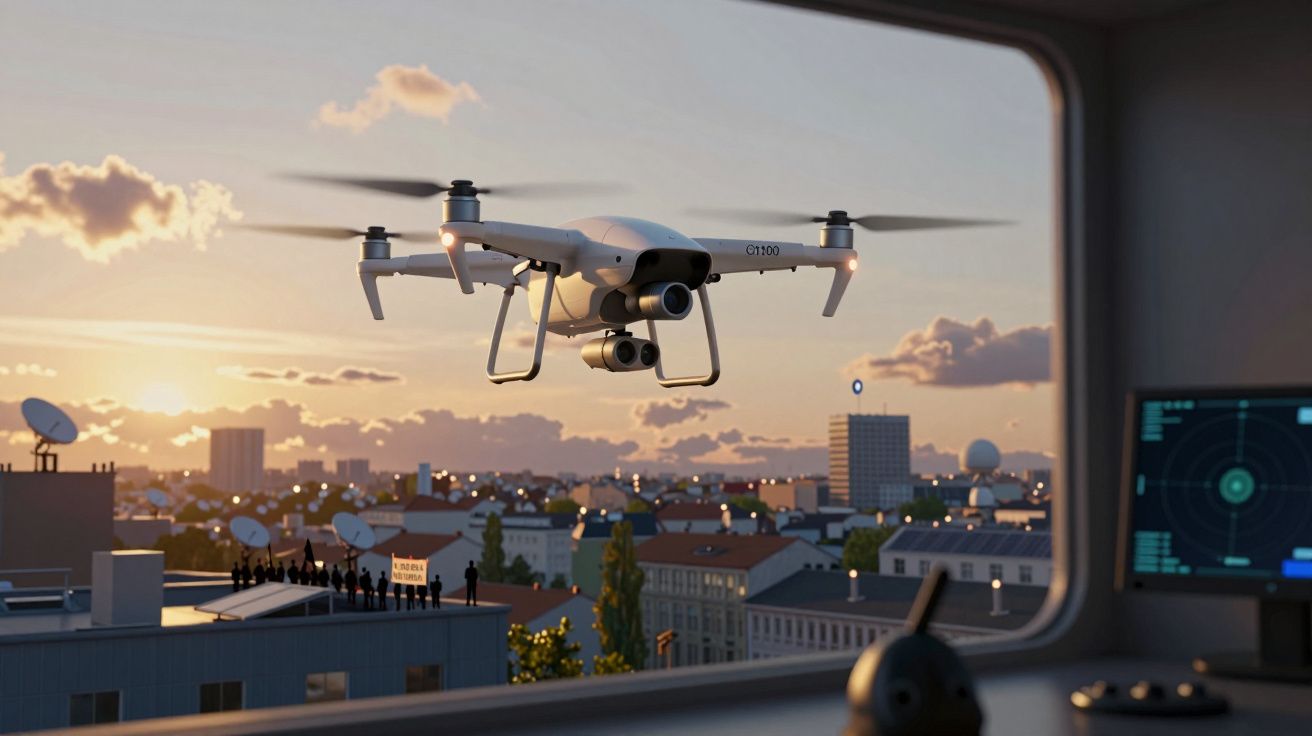 Dron lata nad miastem o zachodzie słońca, widziany przez okno z stanowiska kontroli.