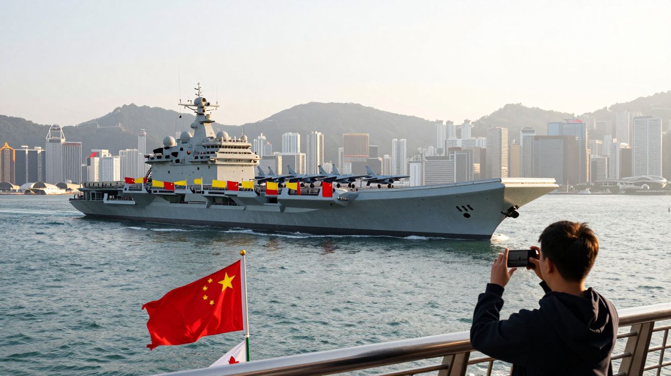 Lotniskowiec chińskiej marynarki wojennej na wodzie z panoramą miasta w tle i mężczyzną robiącym zdjęcie.