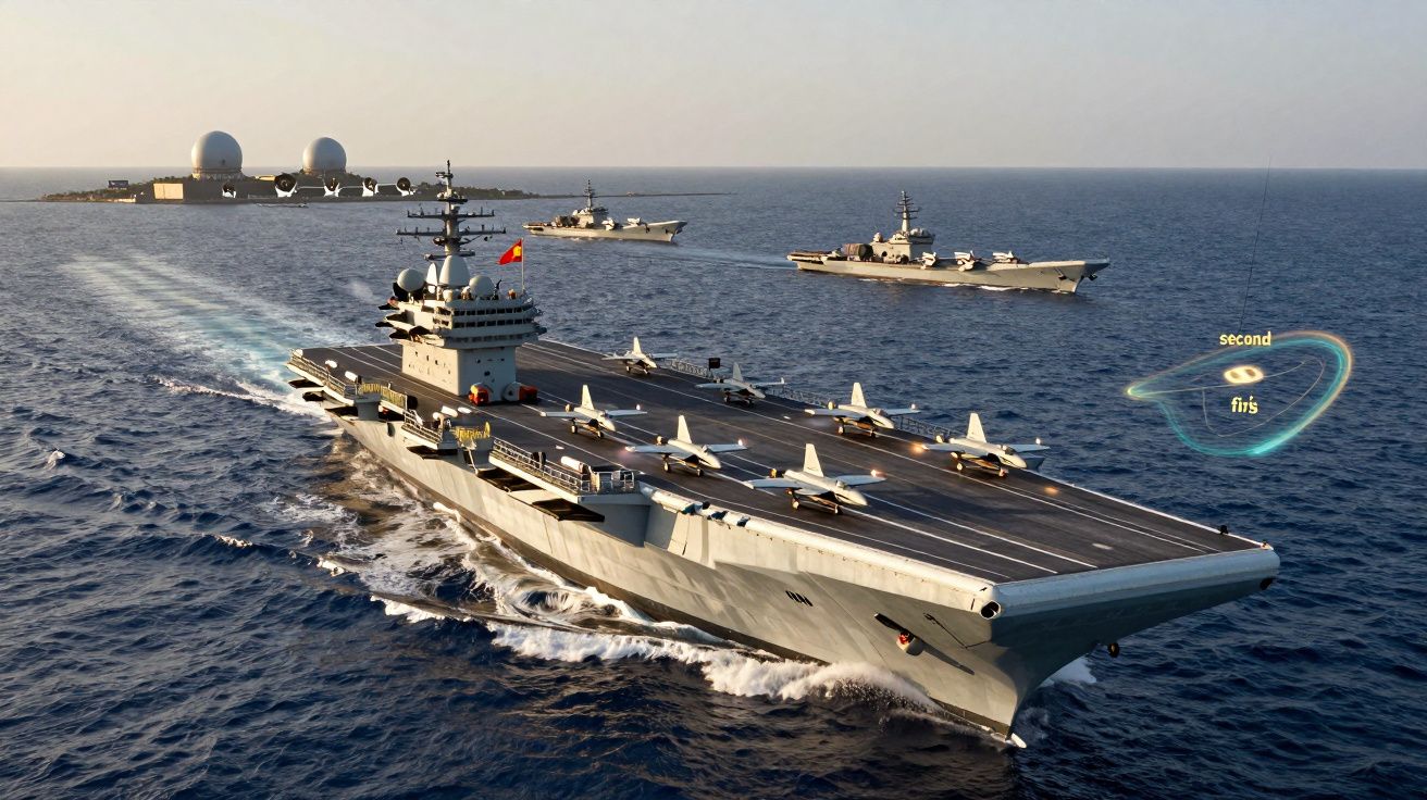 Lotniskowiec z samolotami na pokładzie płynie po morzu, w tle dwa statek wojenne i wyspa z antenami radarowymi.