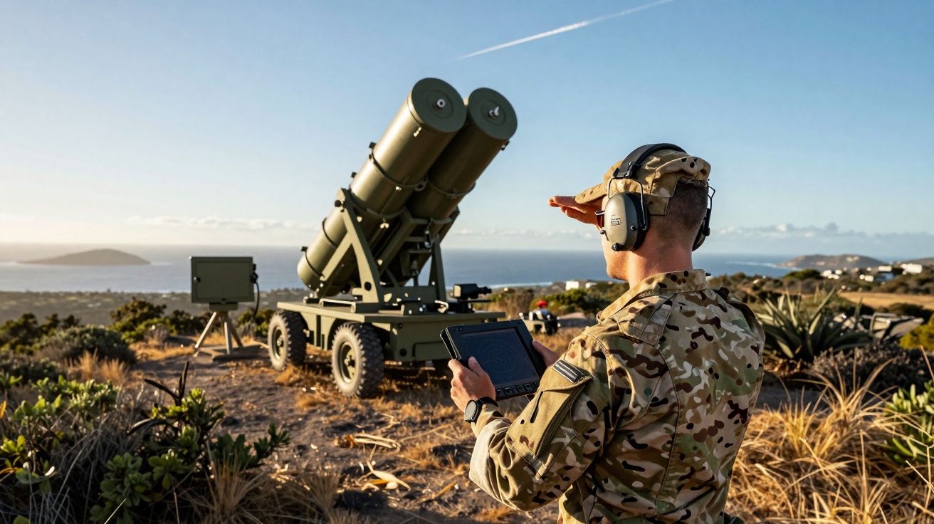 Żołnierz w umundurowaniu kamuflującym obsługuje wyrzutnię rakiet na pustynnym poligonie nad morzem.