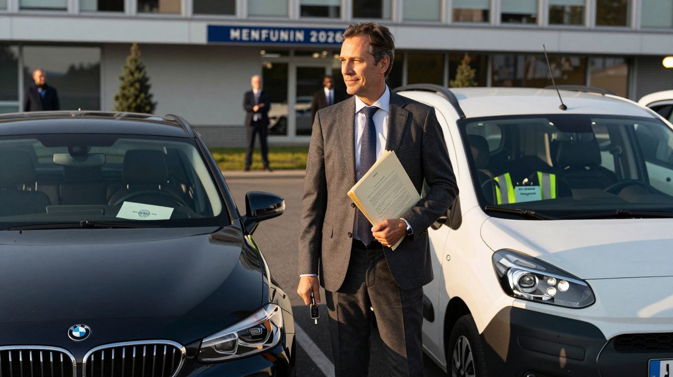 Mężczyzna w garniturze z dokumentami w ręku stoi między czarnym BMW a białym samochodem na parkingu.