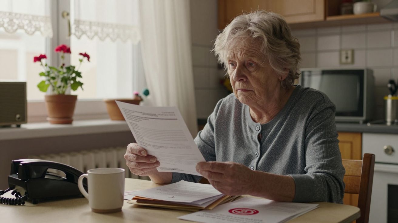 Starsza kobieta siedzi przy stole i czyta dokumenty w kuchni.