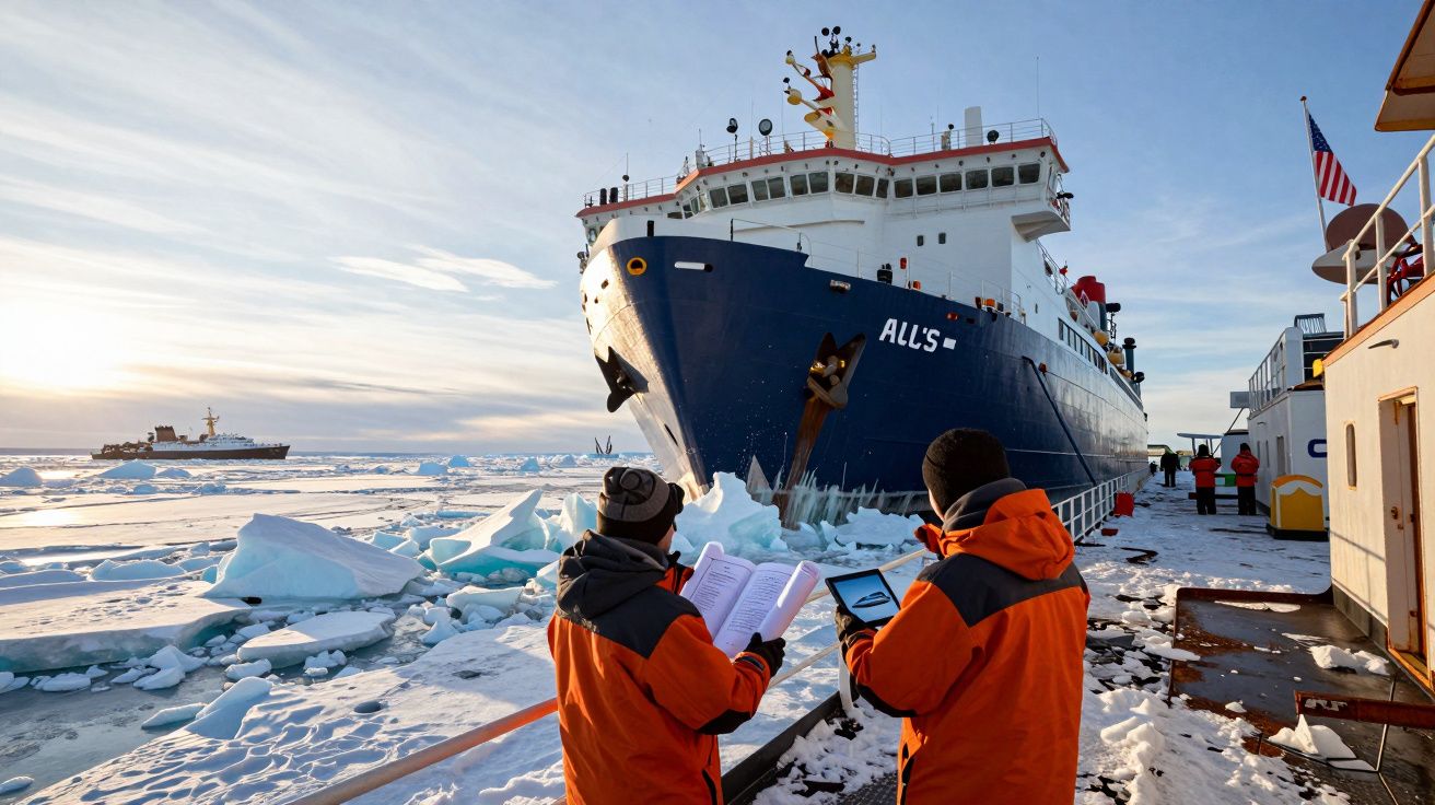 Dwóch badaczy w pomarańczowych kurtkach obserwuje lód przy dużym statku na zimowym morzu.