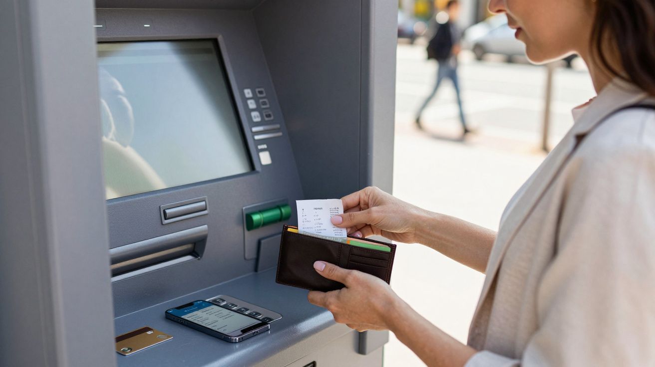 Kobieta przy bankomacie wyjmuje paragon z portfela stojąc na ulicy w słoneczny dzień.