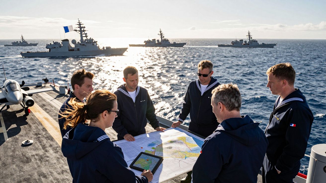 Grupa marynarzy omawia mapę na pokładzie okrętu, w tle kilka wojskowych statków na morzu.
