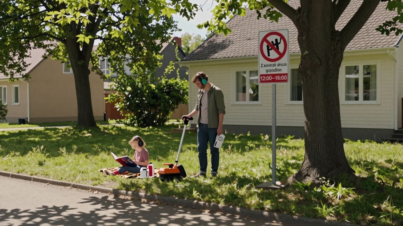 Mężczyzna z dzieckiem słuchający muzyki na trawie obok znaku zakazu hałasu 12:00-16:00 przy domu.