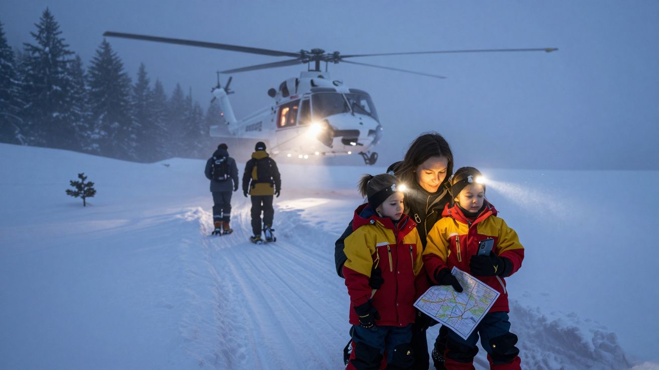 Rodzina na śniegu z mapą i czołówkami, w tle lądujący helikopter w zimowym lesie.