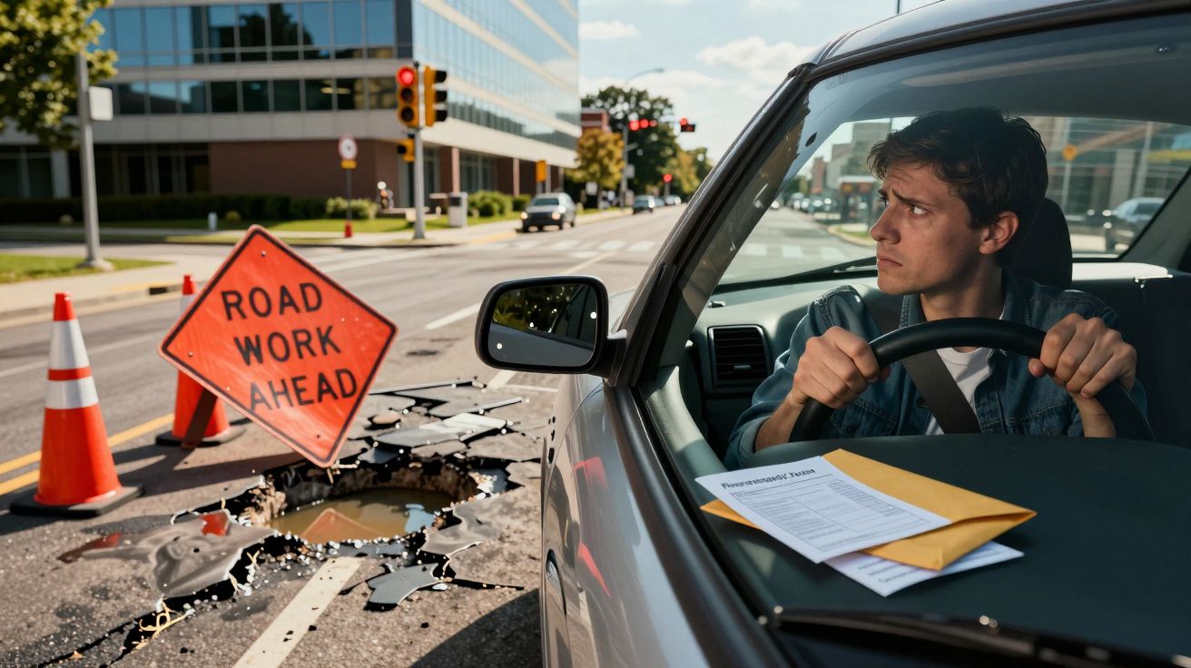 Mężczyzna w samochodzie patrzy na dziurę w drodze oznaczoną znakiem „Road Work Ahead” na ruchliwym skrzyżowaniu.