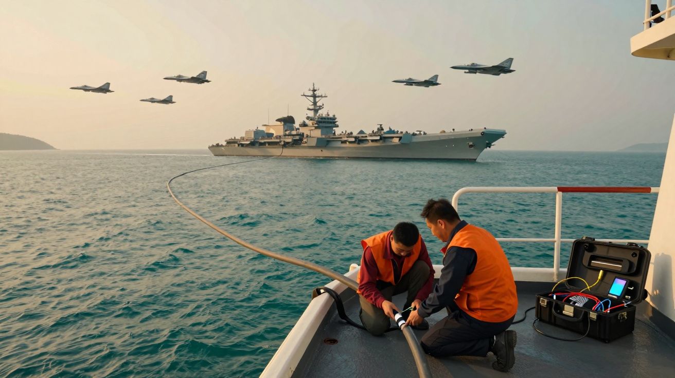 Dwóch marynarzy naprawia kabel na pokładzie statku, w tle lotniskowiec i cztery wojskowe samoloty.
